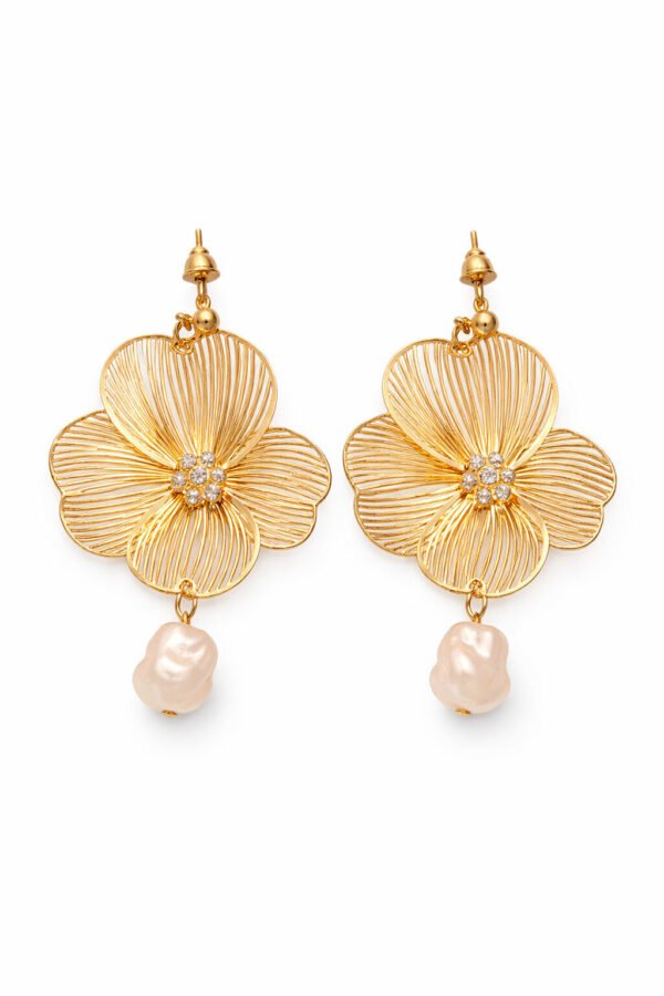 Elegant Gold Flower Earrings with Pearls for Women – Anti-Tarnish Statement Jewelry