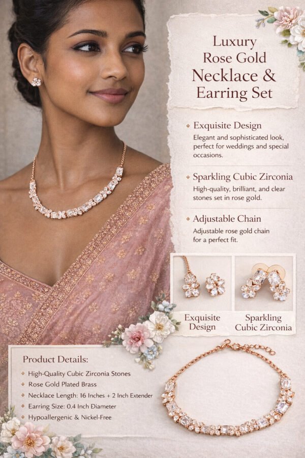 Elegant Woman Rose Gold AD Stone Jewelry Set