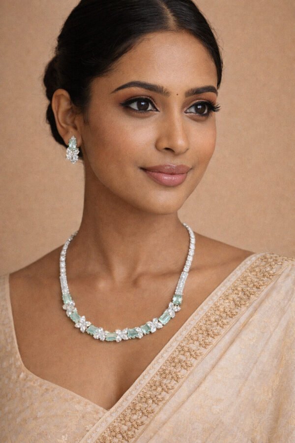Green AD Stone & Cubic Zirconia Necklace Earring Set for Women