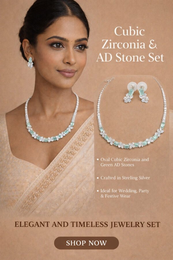 Green AD Stone & Cubic Zirconia Necklace Earring Set for Women