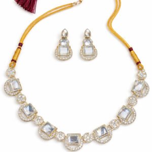 White Gold Plated Cubic Zirconia Kundan Necklace & Earrings Set