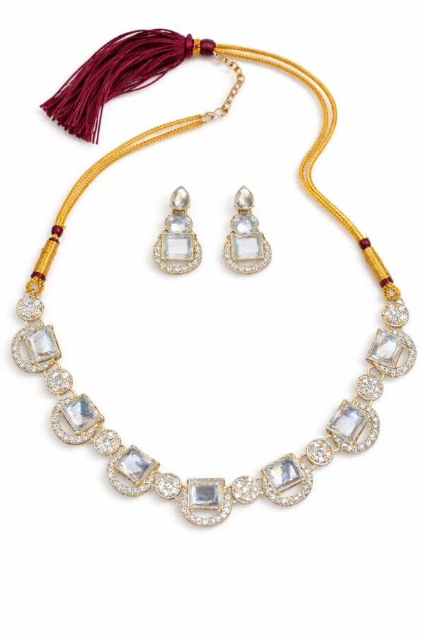 White Gold Plated Cubic Zirconia Kundan Necklace & Earrings Set