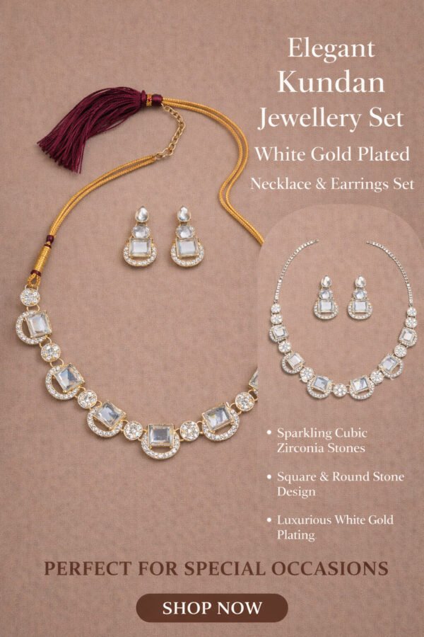 White Gold Plated Cubic Zirconia Kundan Necklace & Earrings Set