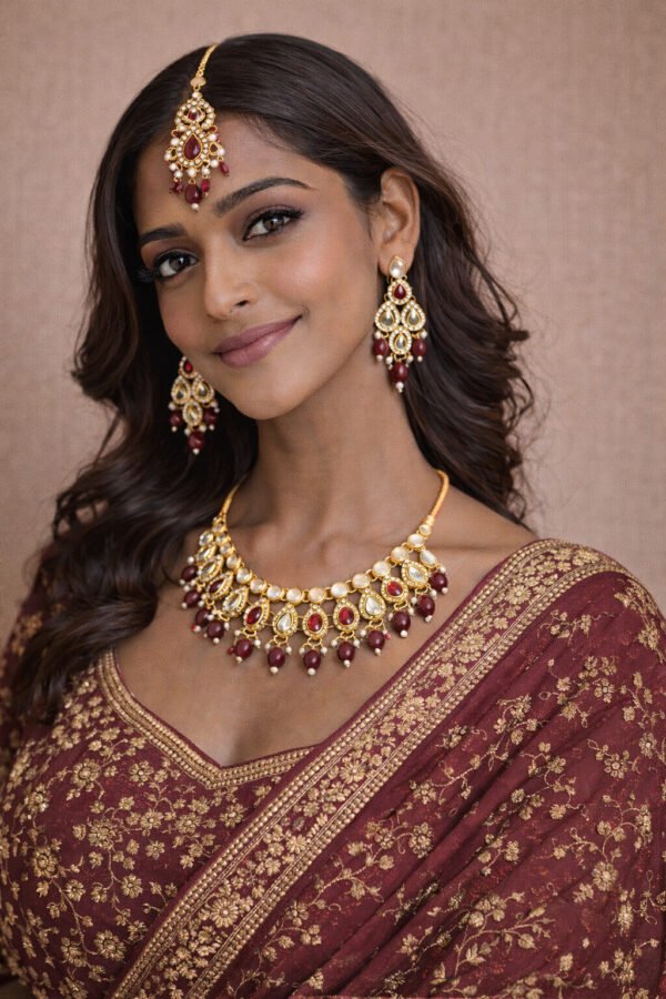 Wedding Wear Kundan Necklace, Earrings & Tikka Set with Maroon Accents