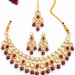 Wedding Wear Kundan Necklace, Earrings & Tikka Set with Maroon Accents