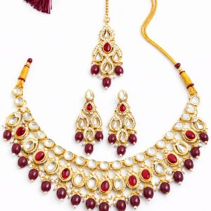 Wedding Wear Kundan Necklace, Earrings & Tikka Set with Maroon Accents
