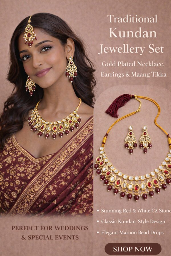 Wedding Wear Kundan Necklace, Earrings & Tikka Set with Maroon Accents