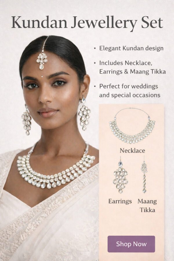Elegant White Kundan Jewelry Set for Women – Necklace, Earrings & Maang Tikka