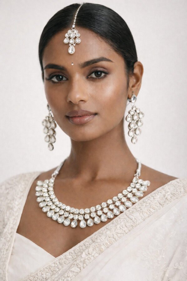 Elegant White Kundan Jewelry Set for Women – Necklace, Earrings & Maang Tikka