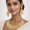 Elegant Gold-Tone Kundan Jewelry Set for Women – Necklace, Earrings & Maang Tikka