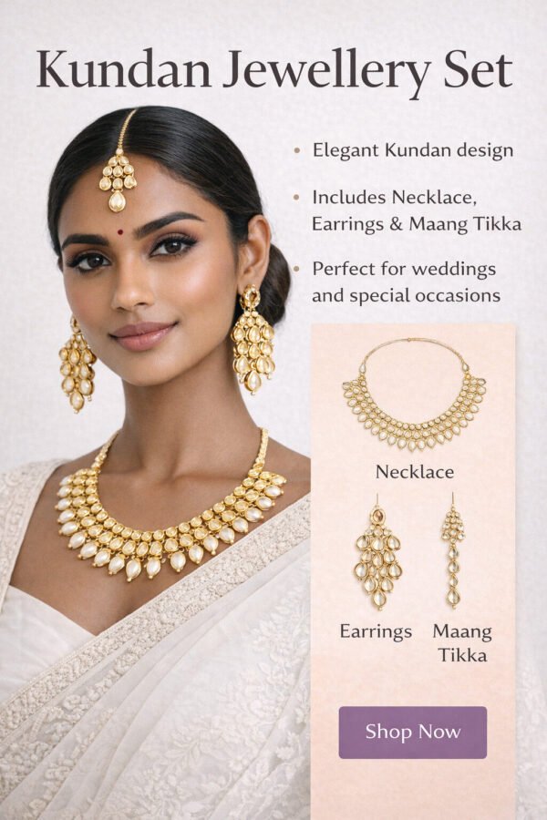 Elegant Gold-Tone Kundan Jewelry Set for Women – Necklace, Earrings & Maang Tikka