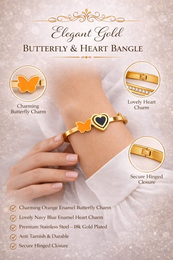 Elegant Gold Butterfly & Heart Bangle for Women – Anti-Tarnish