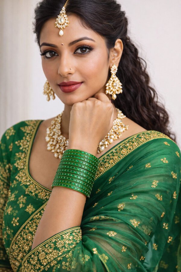 Green Glass Bangles with Gold Accents – Traditional Women Bangles